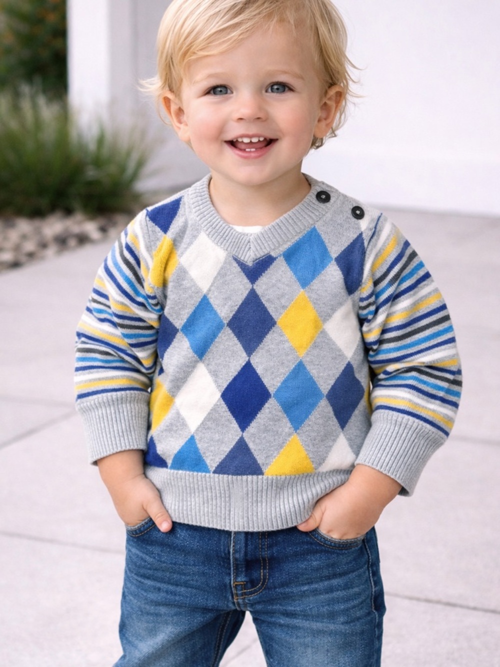 Kids Argyle V-Neck Sweater - Gray, Blue & Yellow